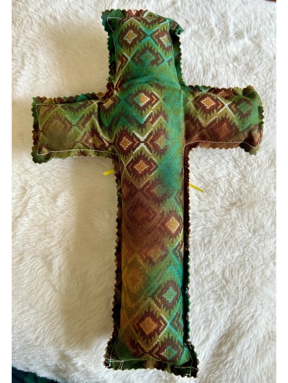 Handcrafted Decorative Fabric Cross with Floral Accent and 'Jesus Loves You' Tag